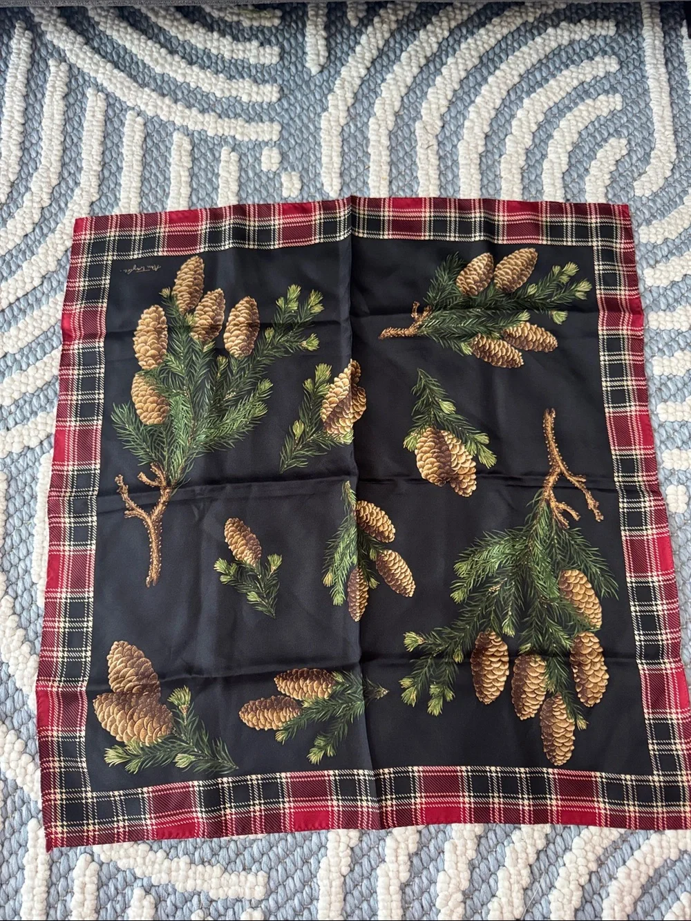 Vintage Ann Taylor Pinecone Tartan Plaid Scarf 20x20 Fall Holiday